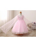 Long Sleeves Pink Pearl Embellished Flower Girl Dress